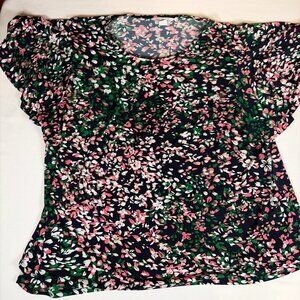 Liz Claiborne Short Sleeve Flower & Leaves Pattern Shirt Women's 2XL Black Pink